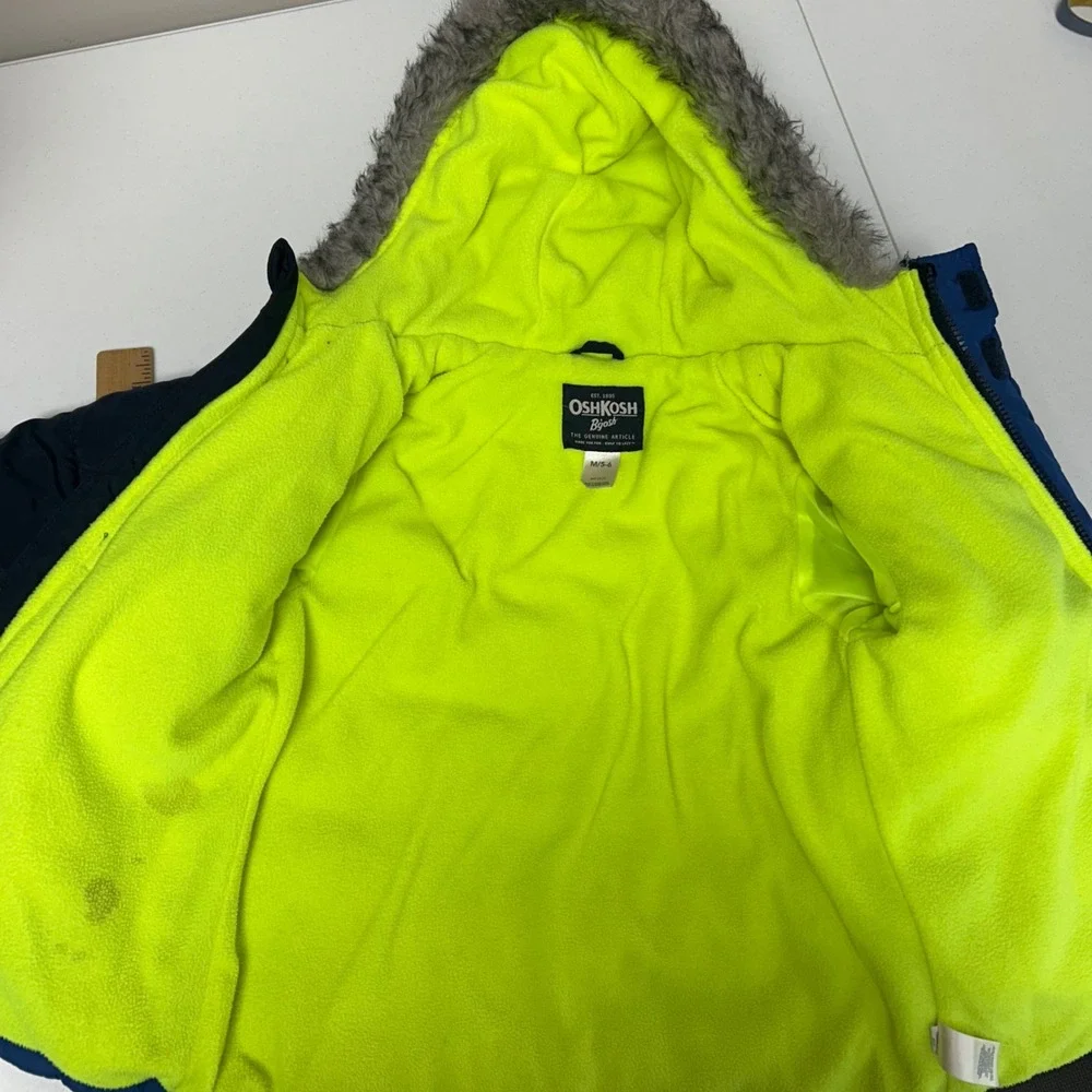 OshKosh Bgosh Puffer Jacket Kids M 5-6 Blue Colorblock‎ Faux Fur Hood